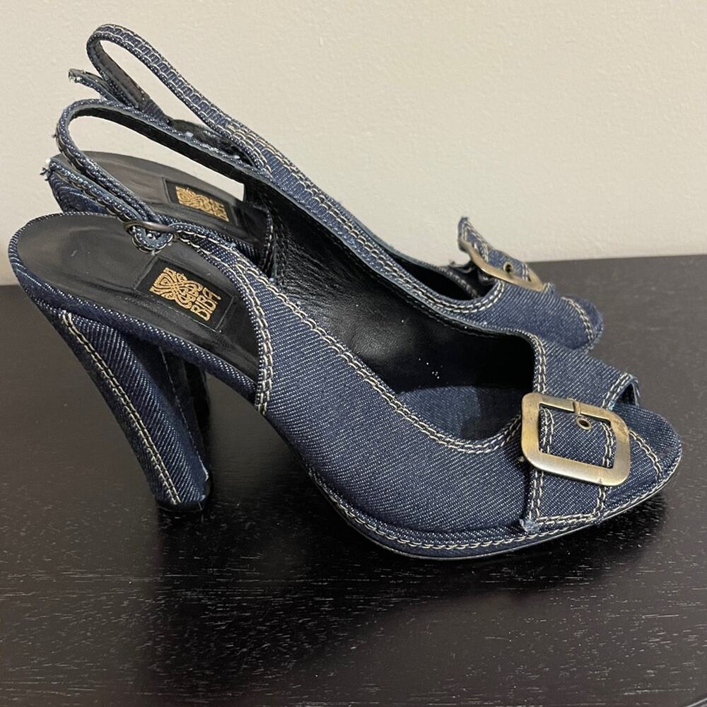 Biba Denim Peep Toe Sling Back Buckle Heels Blue Size 8/38